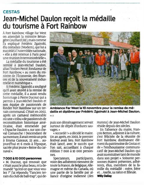 Médaille pour Percé le président de Fort Rainbow